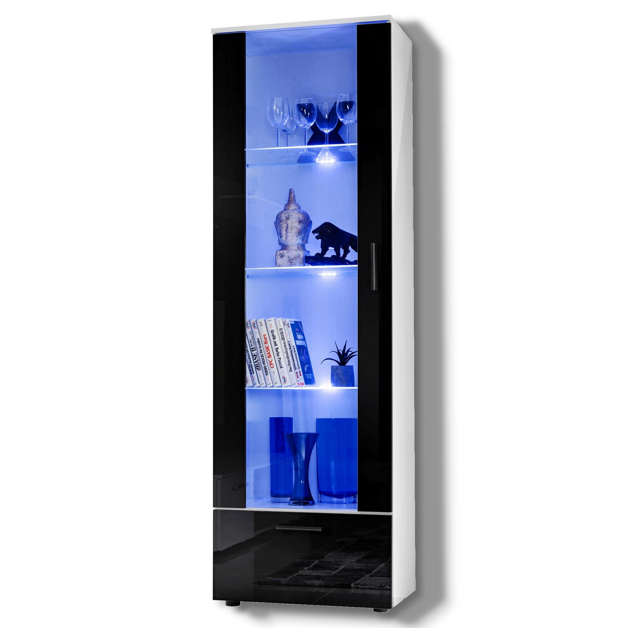 VITRINE ALESSANDRIA, Schwarz, LED Blau - Schwarz/Weiß, Glas/Holzwerkstoff (60/192/42cm) - Komodee