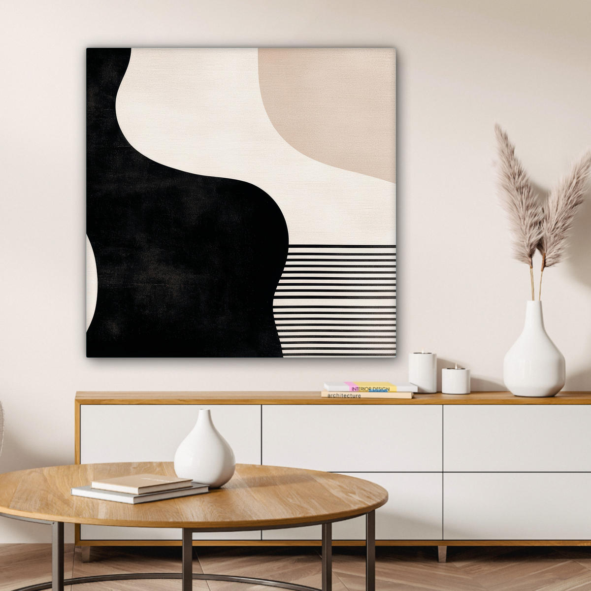 LEINWANDBILD Abstrakt - Japandi - Beige - Modern Deko Groß 90x90 cm - Schwarz, Textil (90/90cm) - MuchoWow