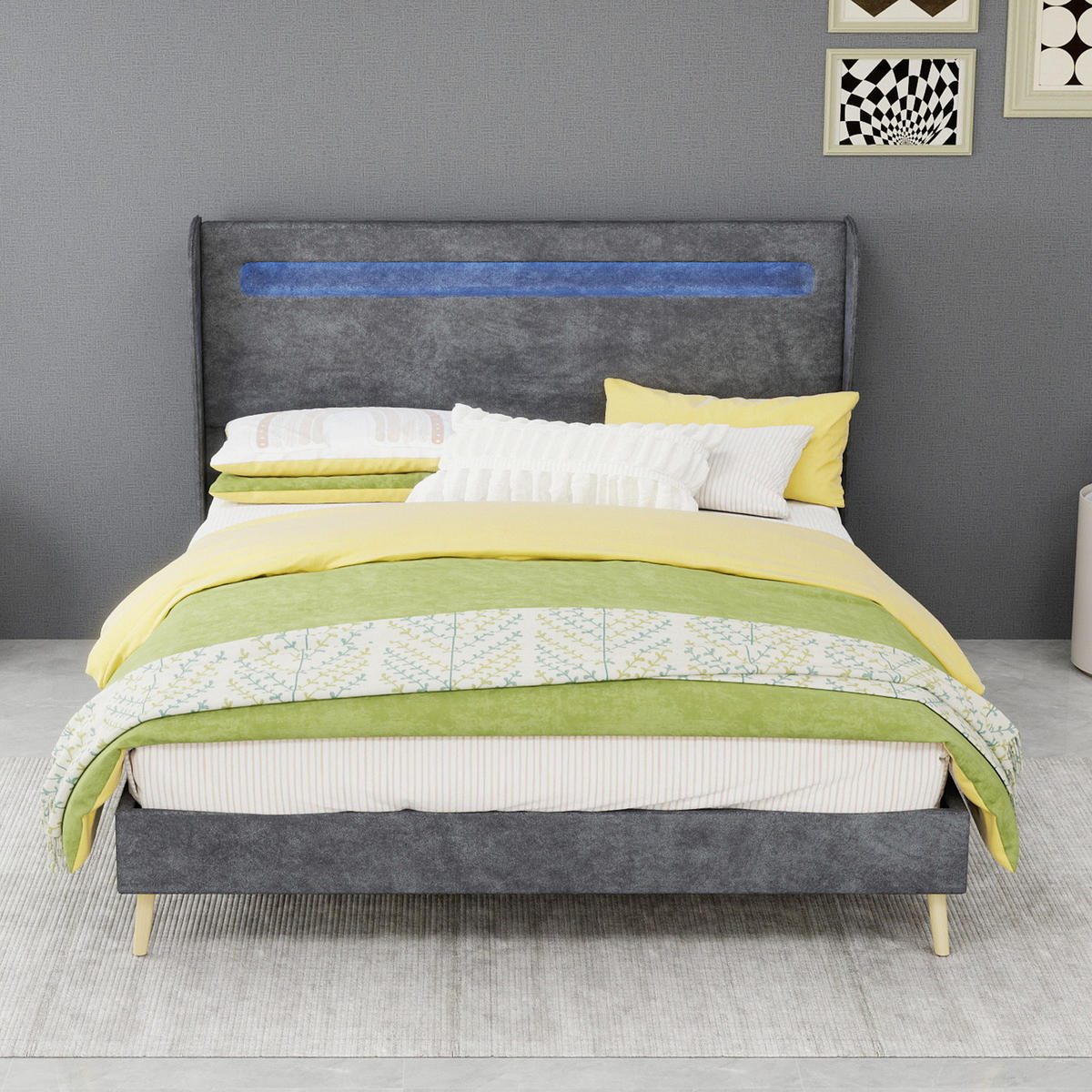 POLSTERBETT aus Stoff und Metall 140x200 cm Grau mit verstellbarer Rückenlehne und LED-Beleuchtung - Grau, Textil (140/200cm) - IVMEU