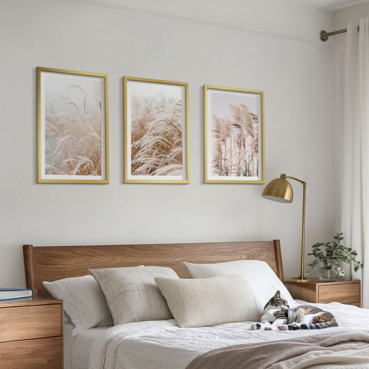 WANDBILDER 3er Set - 40x60 cm Goldrahmen - Grasflächen in Braun- und Beigetönen - Goldfarben, Kunststoff (40/60cm) - ArtPrintCave