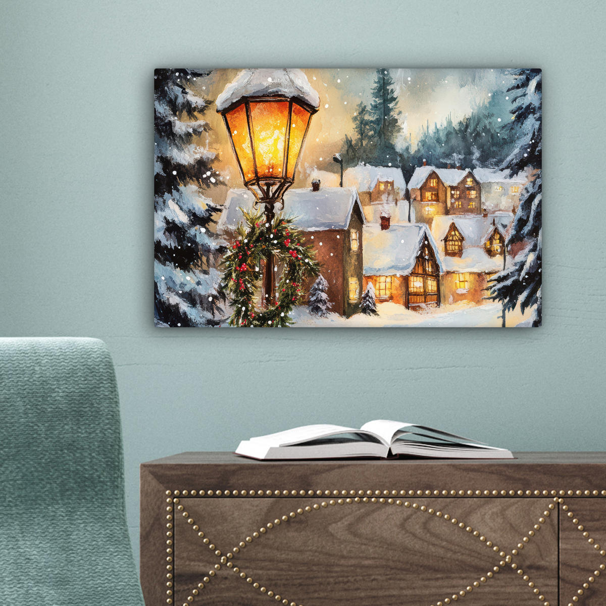 LEINWANDBILD Weihnachtsdorf - Häuser - Schnee - Weihnachten Deko Schlafzimmer 30x20 cm - Sandfarben, Textil (30/20cm) - MuchoWow