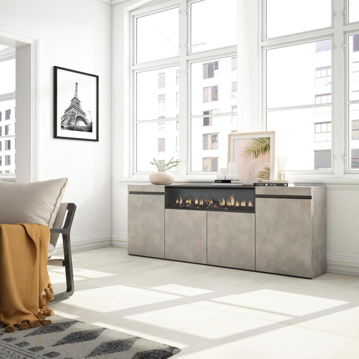 SIDEBOARD Elektrokamin, zementgrau, 200/35/75cm - Grau, Holzwerkstoff (200/75/35cm) - Skraut Home