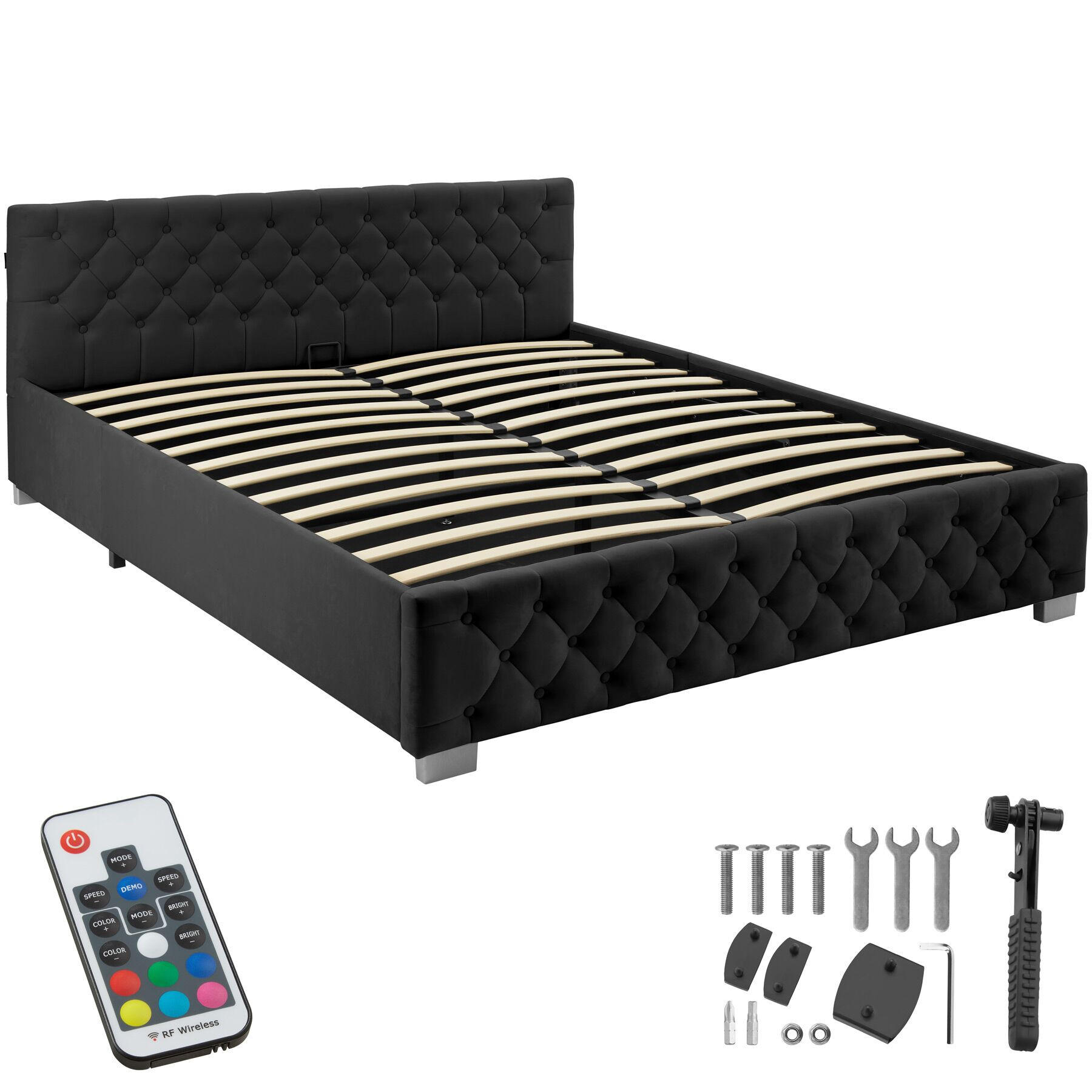 POLSTERBETT Daytona, großer Stauraum, Samtoptik schwarz - Schwarz/Samtahornfarben, Holz (180/200cm) - tectake