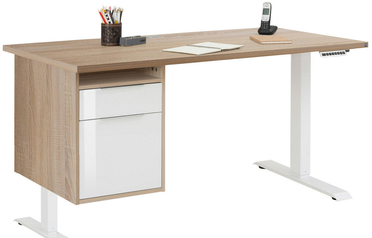 SCHREIBTISCH mit Hängecontainer Weiß und Eiche Sonoma 150x80cm, elektrisch höhenverstellbar – von MAJA Möbel – Container links - Weiß, Holzwerkstoff (80/150/70.5cm)