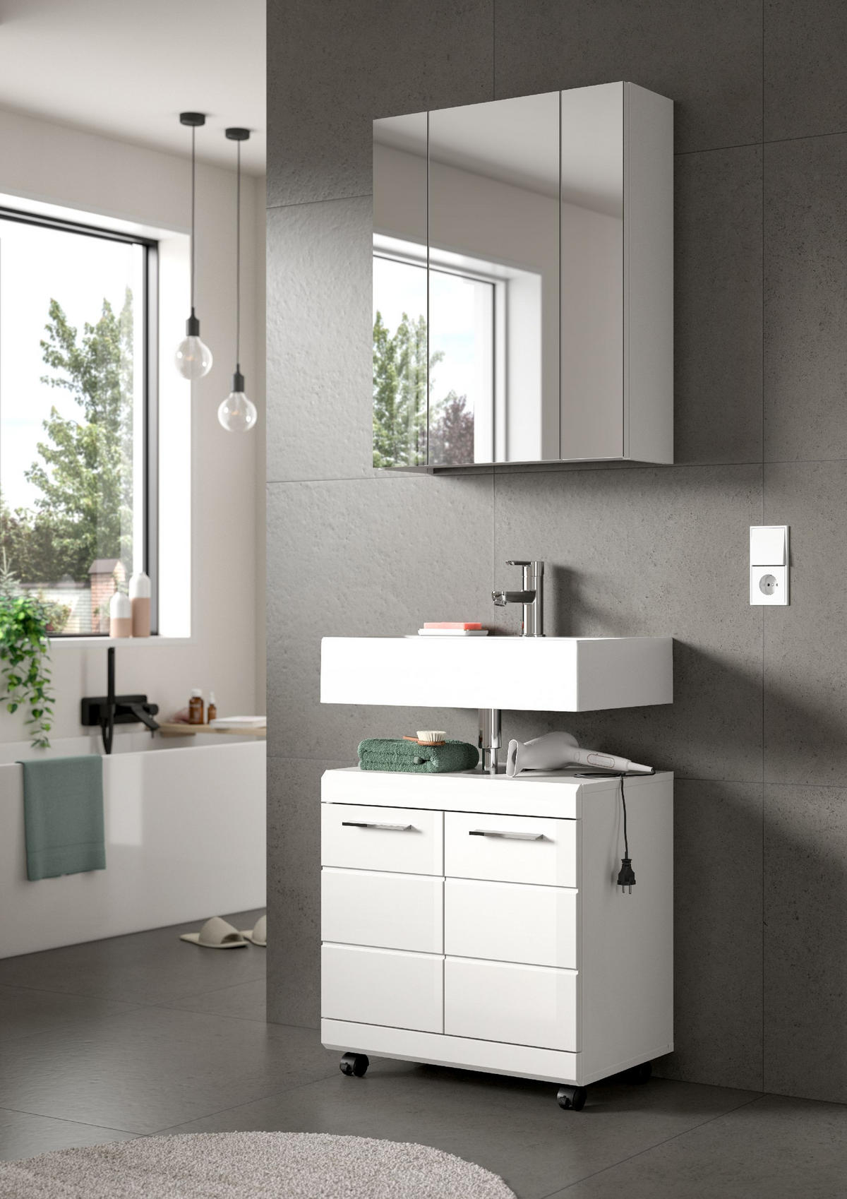 WASCHBECKENUNTERSCHRANK AUF ROLLEN Scout weiß hochglanz 60/34/60 cm - Weiß, Holzwerkstoff (60/60/34cm) - Xonox