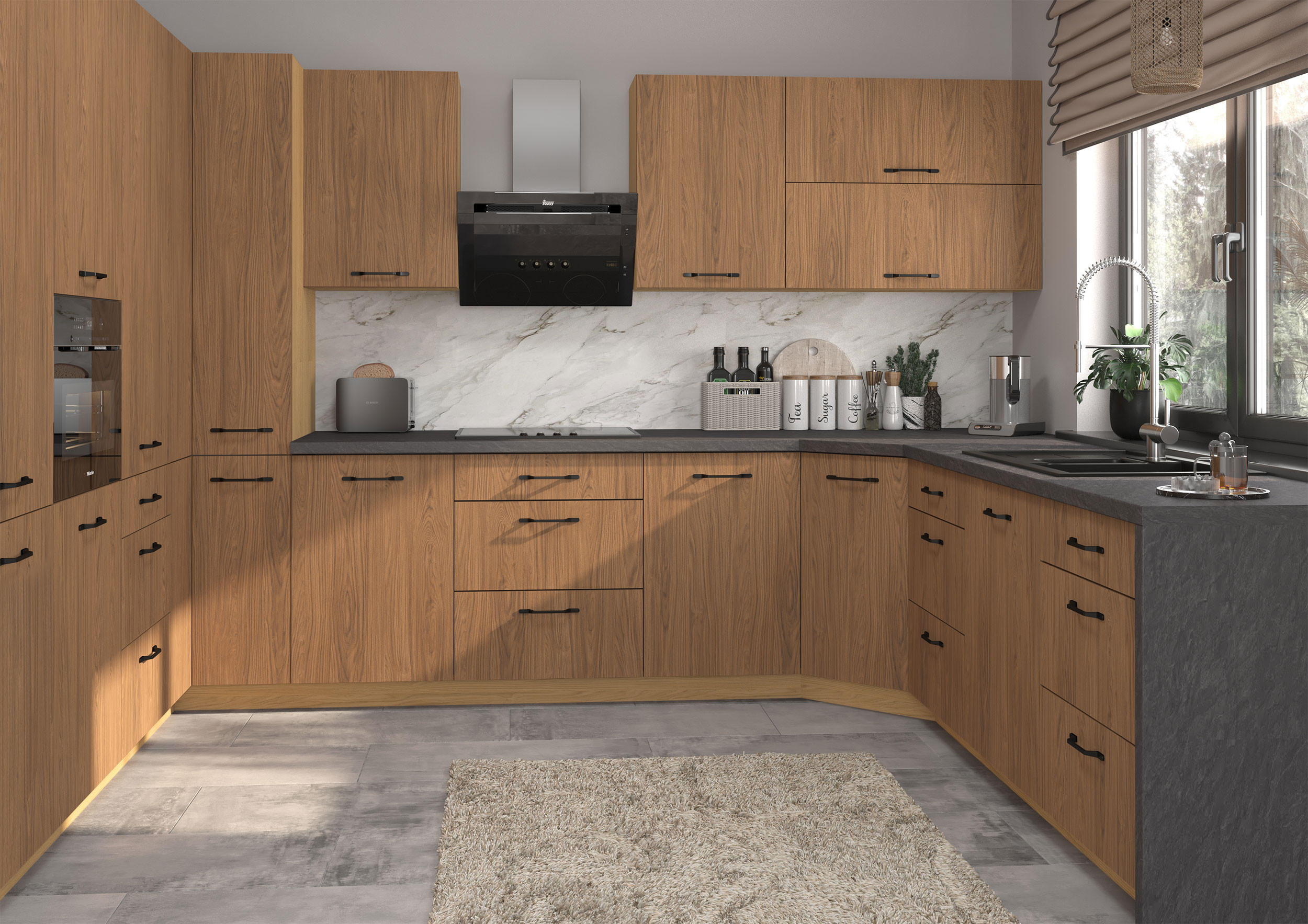 KÜCHENZEILE Casella 15-teilig Eiche Artisan / Casella Eiche Natur braun - Dunkelbraun/Eiche Artisan, Holzwerkstoff/Metall (360/207/270cm) - Feldmann-Wohnen