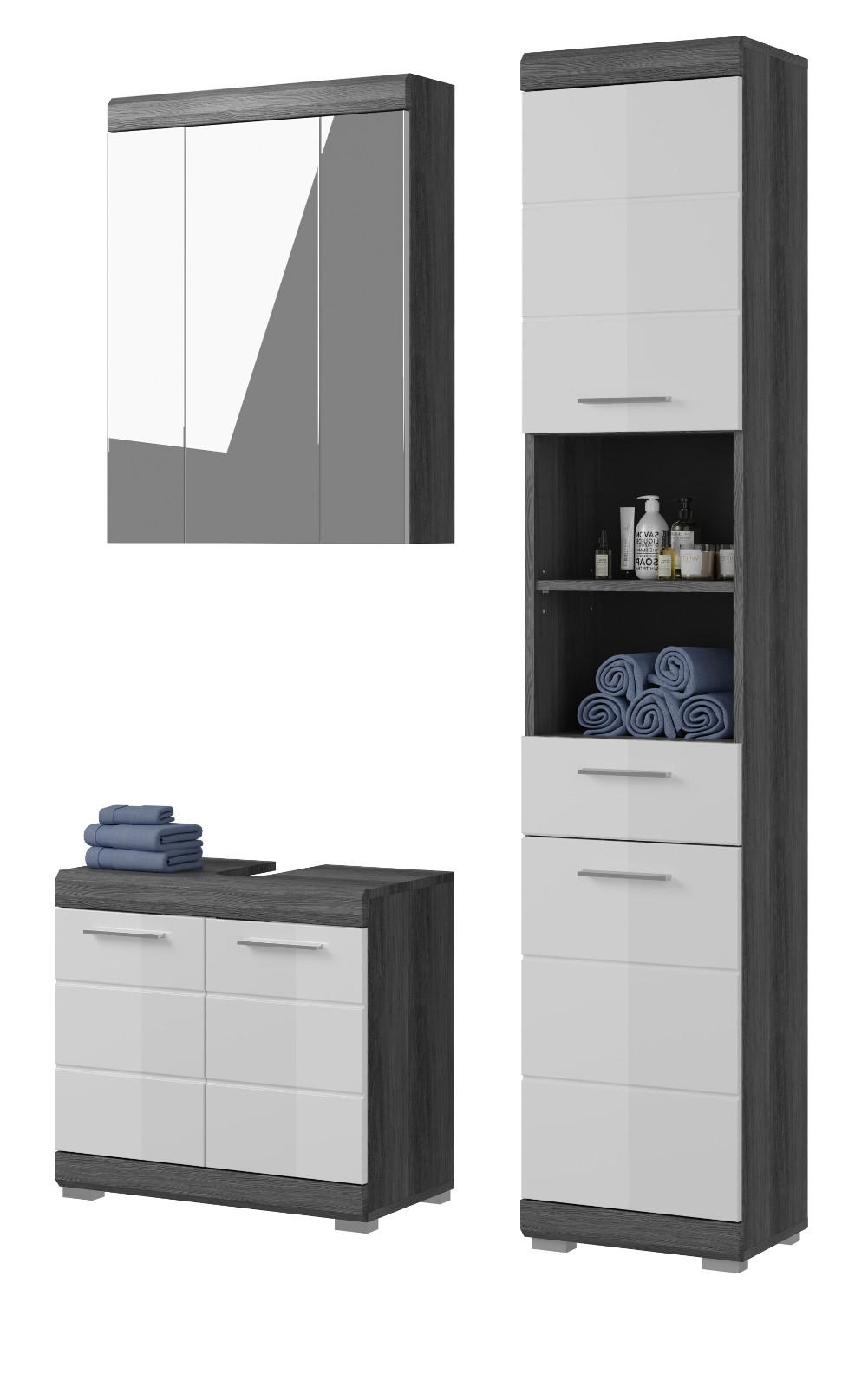 BADMÖBEL-SET weiß Hochglanz, grau 3-teilig 112 cm, Badkombination 17 Fächer - Weiß Hochglanz/Silberfarben, Glas/Holzwerkstoff (112/191/34cm) - Inn.Furn