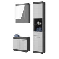 BADMÖBEL-SET weiß Hochglanz, grau 3-teilig 112 cm, Badkombination 17 Fächer - Weiß Hochglanz/Silberfarben, Glas/Holzwerkstoff (112/191/34cm) - Inn.Furn