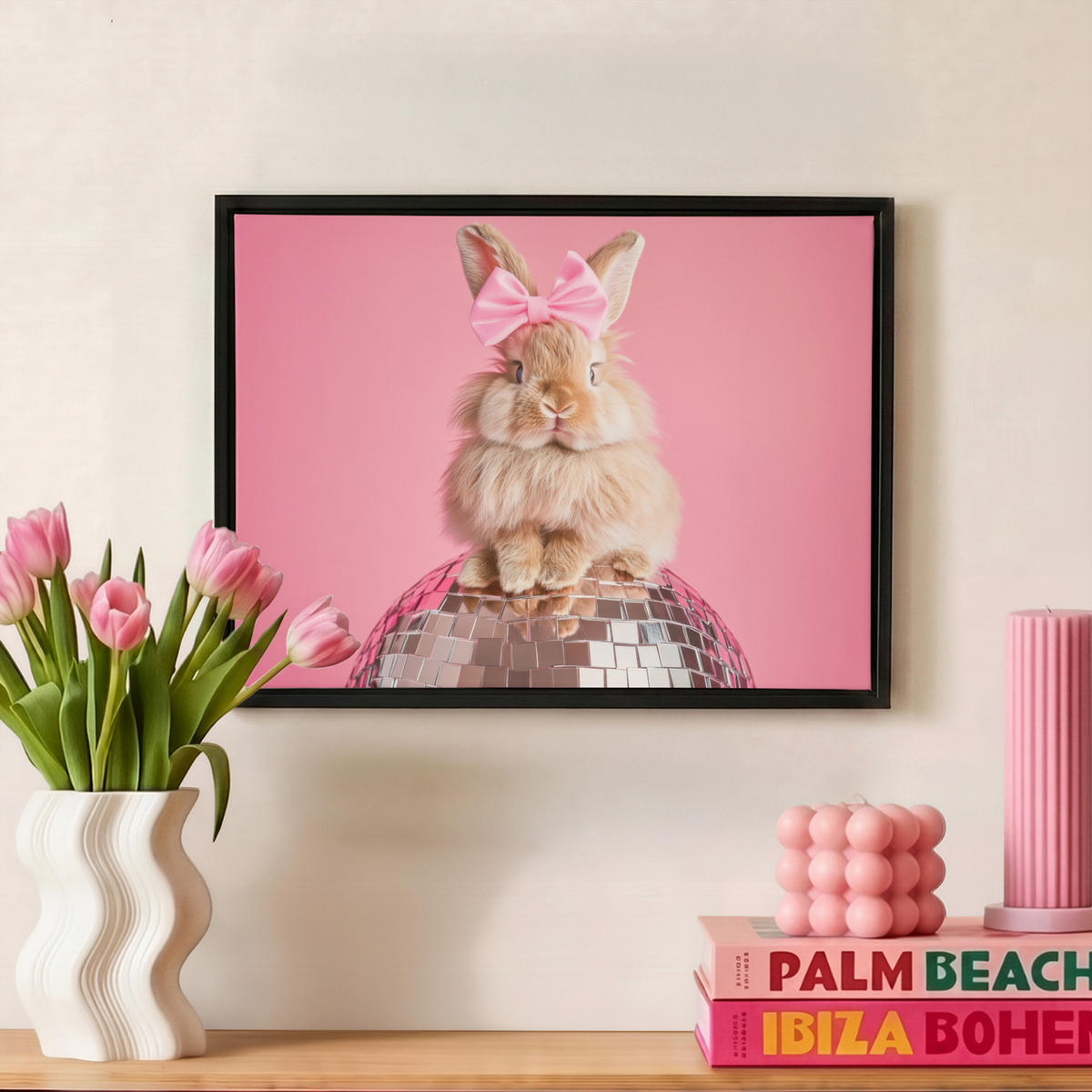 LEINWAND Bilder mit Rahmen - Schleife - Discoball - Kaninchen - 40x30 - Pink, Textil (40/30cm) - MuchoWow