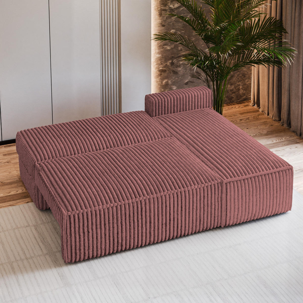 ECKSOFA BRISO T Rosa Kordstoff mit Schlaffunktion - Rosa, Holz (200/140cm) - MASSENO