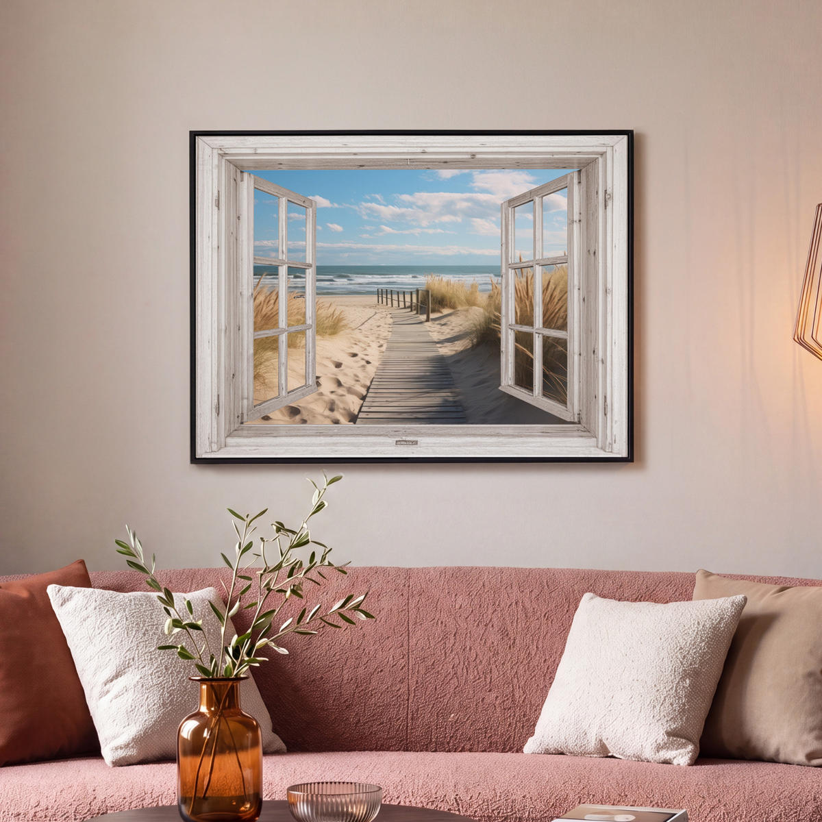 LEINWAND Bilder mit Rahmen - Fenster - Meer - Küste - Natur - Ausblick - Strand - Wattenmeer - 80x60 - Beige, Textil (80/60cm) - MuchoWow