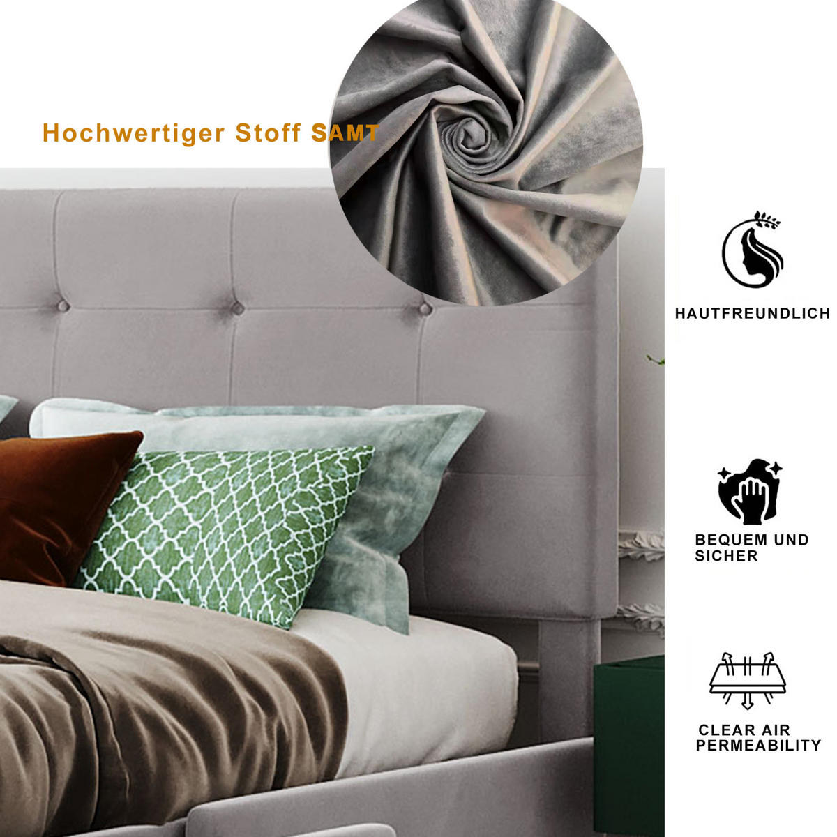 POLSTERBETT 140/200 cm Grau aus Stoff mit 4 Schubladen - Grau, Textil (140/200cm) - OKMYHOME