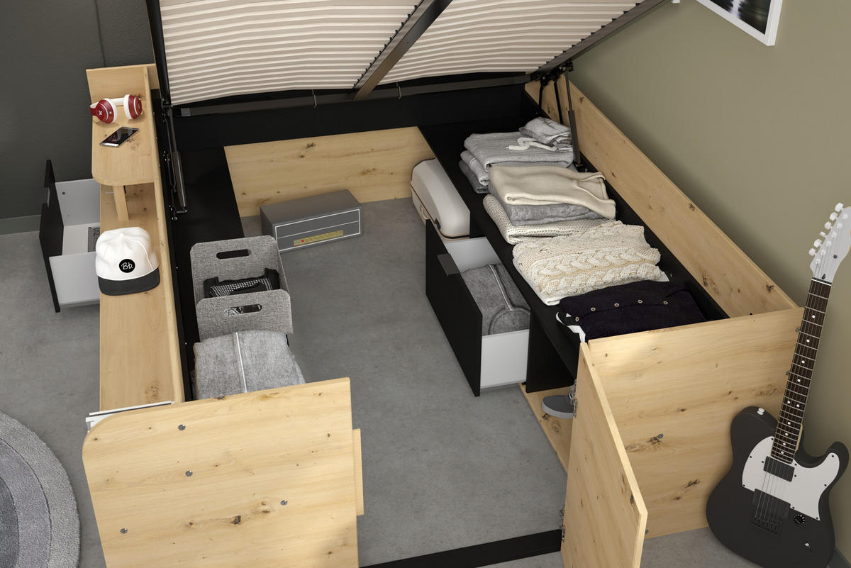 BETT mit Unterbett und Schublade - 140x190/200 cm - Travel - Weiß, Holzwerkstoff (140/200cm) - Calicosy
