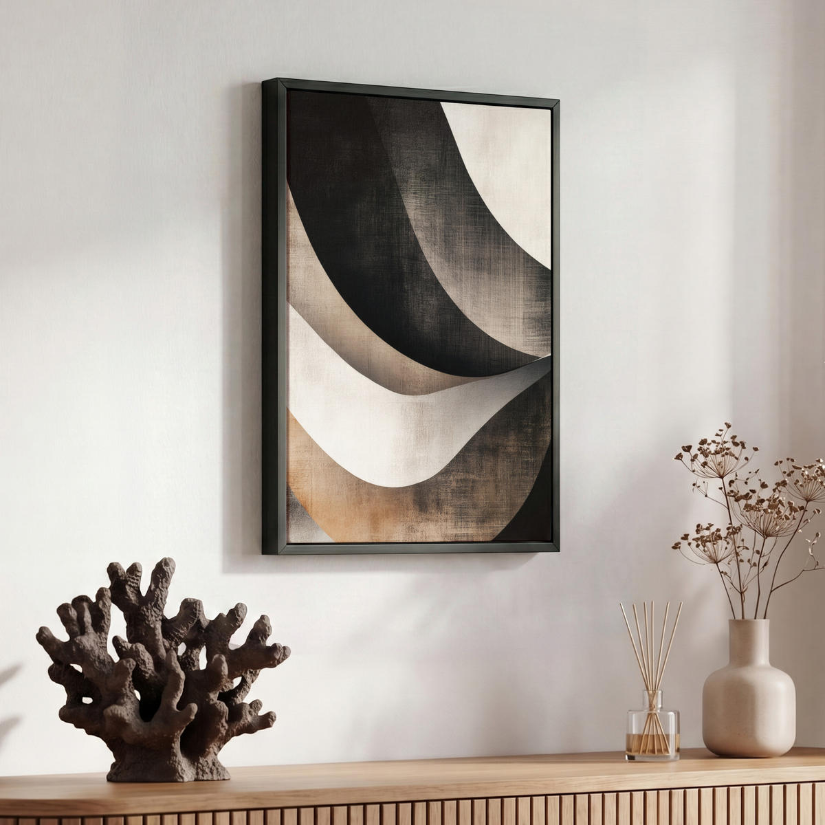 LEINWAND Bilder mit Rahmen - Abstrakt - Wellen - Schwarz - Verwittert - 30x40 - Trüffeleichefarben, Textil (30/40cm) - MuchoWow