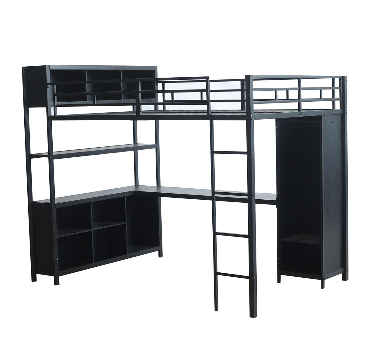 HOCHBETT mit Schreibtisch 140/200 cm in Schwarz – mit Kleiderschrank und Stauraum - Schwarz, Metall (90/200cm) - BEAOK