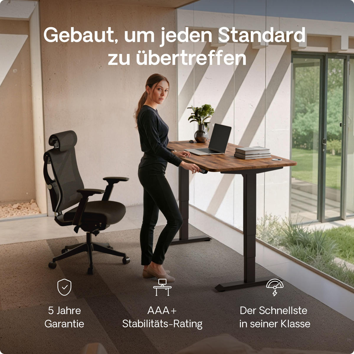 SCHREIBTISCH Elektrisch Höhenverstellbarer HomePro 120x60cm Schwarz/Massive Walnuss mit Memory-Funktion, Anti-Kollisions Technologie - Walnussfarben/Schwarz, Holz (60/120/63.5cm) - Desktronic