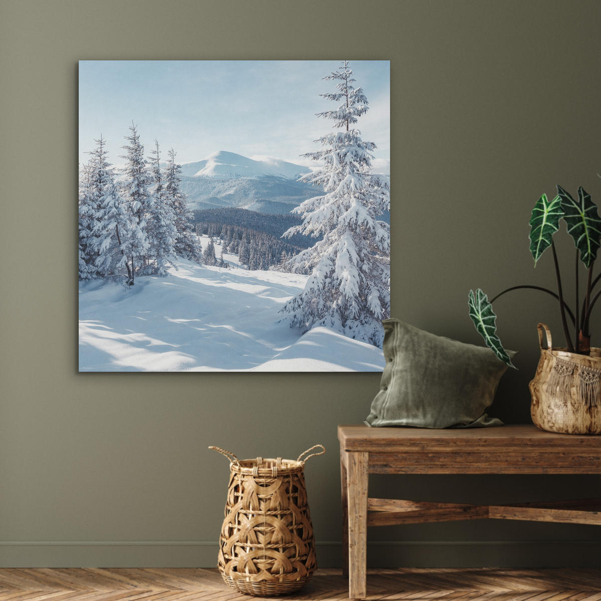 AKUSTIKPANEEL Winterlandschaft - Natur - Berge - Bäume - Schnee 90x90 cm - Hellblau, Textil (90/0.9/90cm) - MuchoWow
