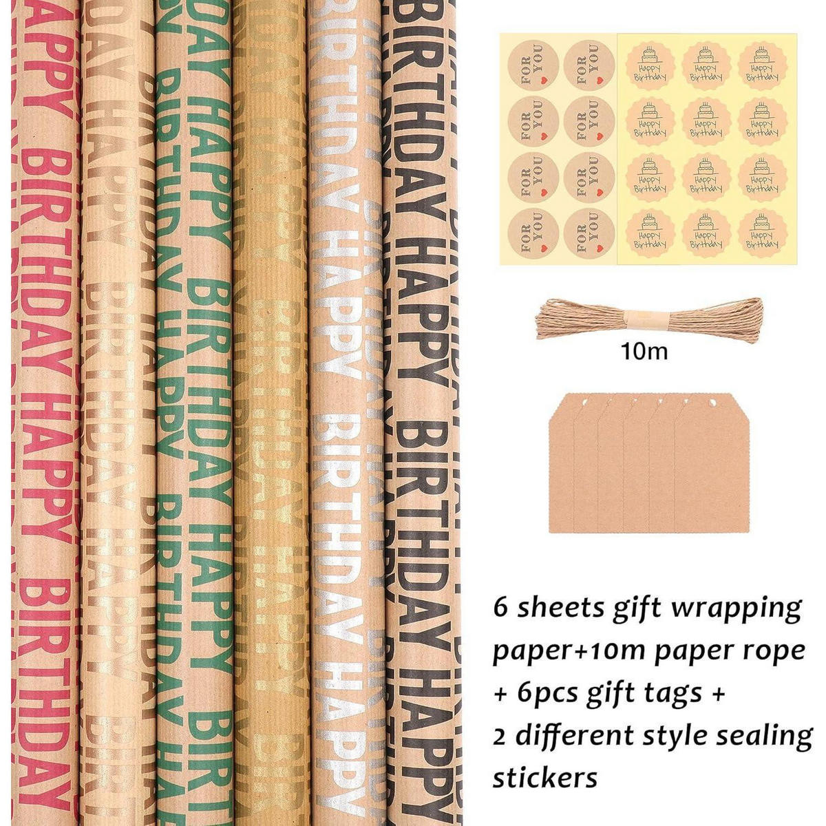 GESCHENKPAPIER 6 Blatt Set 70 x 50 cm Vintage Kraftpapier mit Zubehör - Multicolor, Papier (50/0.1/70cm)