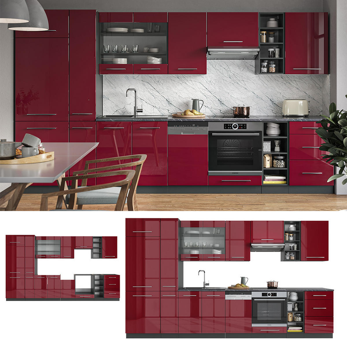 KÜCHENZEILE Fame-Line Bordeaux Hochglanz/Anthrazit 355 cm, AP Eiche - Bordeaux/Anthrazit, Holzwerkstoff (355/81.6/60cm) - Vicco
