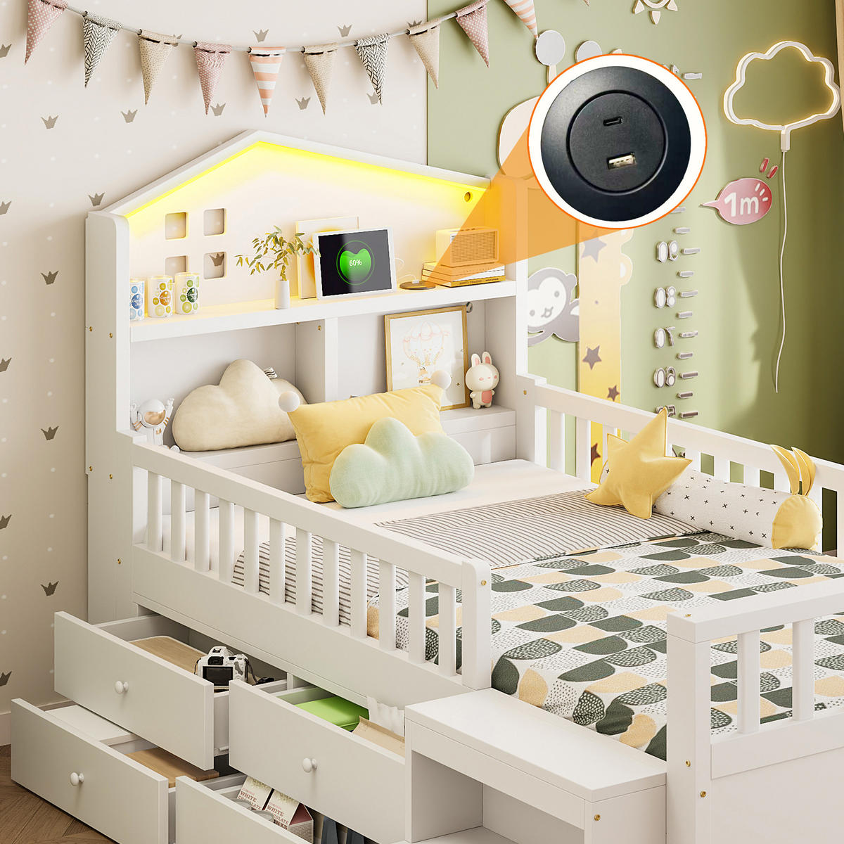 KINDERBETT 90x200 cm LED USB Schubladen weiß - Weiß, Holz (90/200cm) - LEBENLANG