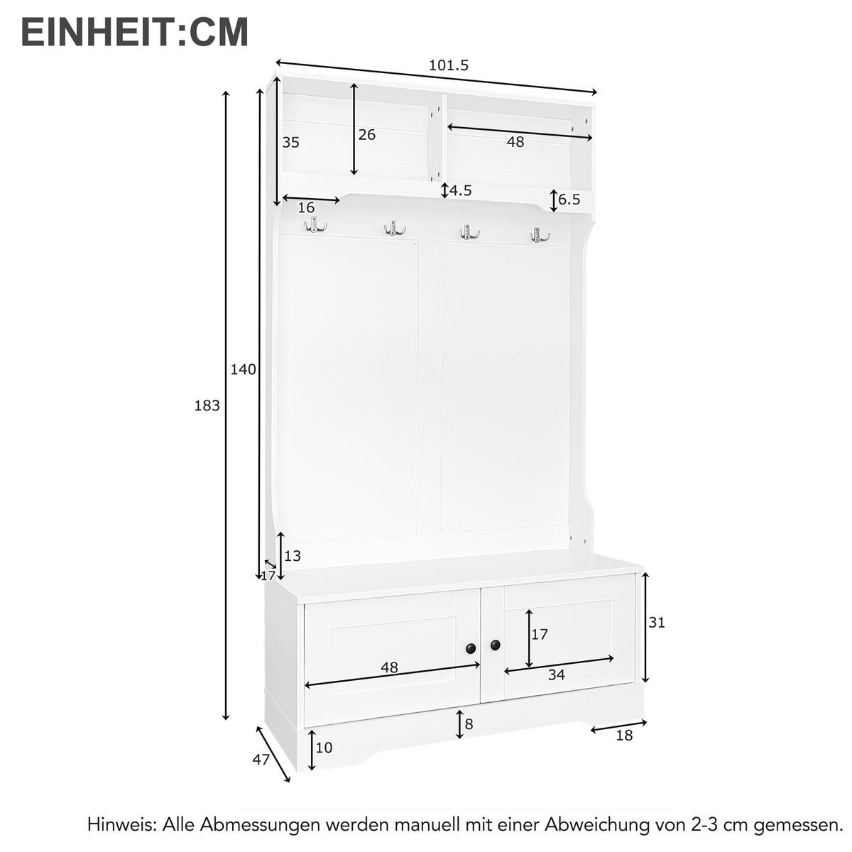 GARDEROBE, 4 Haken, Stauraum, 2 Fächer, Weiß - Weiß, Holzwerkstoff (47/183/101.5cm) - FLIEKS