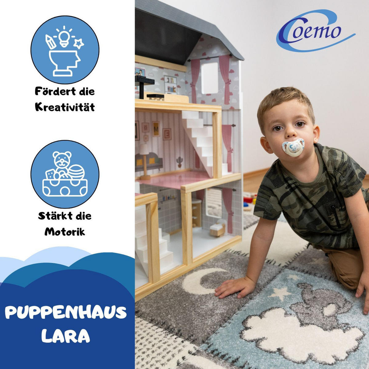 PUPPENHAUS LARA Holz Villa möbliert 3 Etagen - Weiß, Holzwerkstoff (27/78/62cm) - Coemo