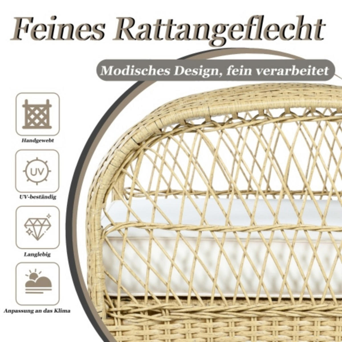 BALKONSET 3-tlg,BISTRO SET,PE-Rattan Schaukelstuhl,für 2 Personen,Weiß - Weiß, Metall - LVHOM