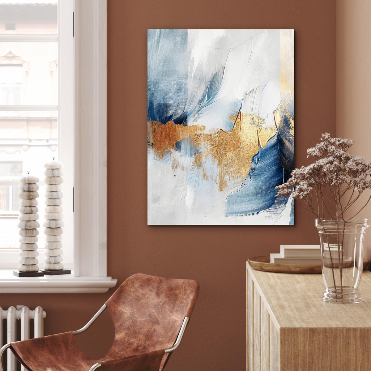 KOVOVÝ OBRAZ Zlatá - modrá - akvarel - umenie - moderné 60x80 cm - svetlomodrá, kov (60/80cm) - MuchoWow