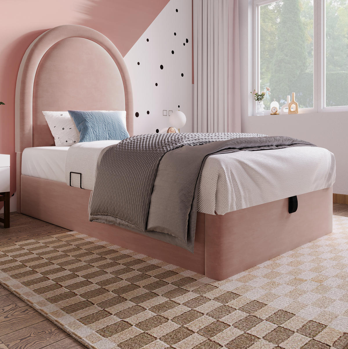ČALÚNENÁ posteľ 90/200 cm ružová so 7-zónovým matracom a úložným priestorom zo zamatu - ružová, textil (90/200cm) - OKWISH