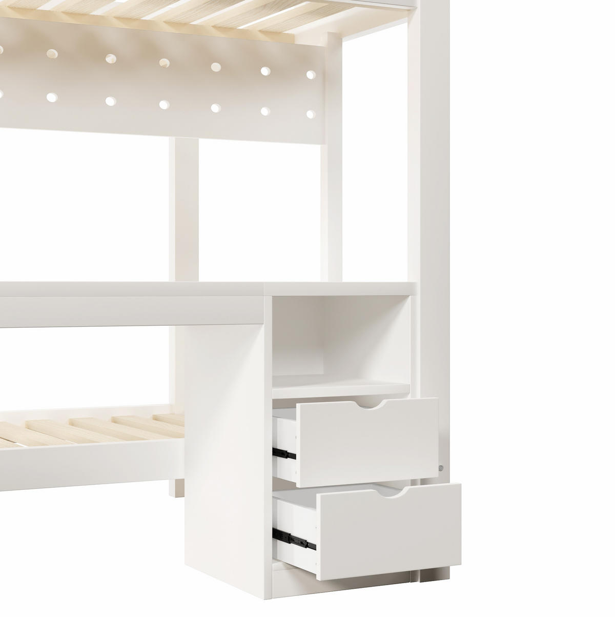 HOCHBETT 90/200 i 140/200 cm mit Schubladen, Schreibtisch und LED-Lichtleiste, Kiefernholz, Weiß/Natur - Weiß, Holz/Holzwerkstoff (90/200cm) - Redom