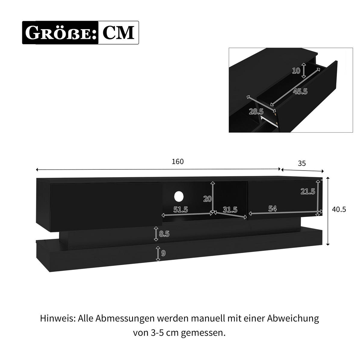TV-LOWBOARD mit LED 160 x 35 x 40,5 cm Schwarz Hochglanz - Schwarz, Holzwerkstoff (35/40.5/160cm) - Beauniv