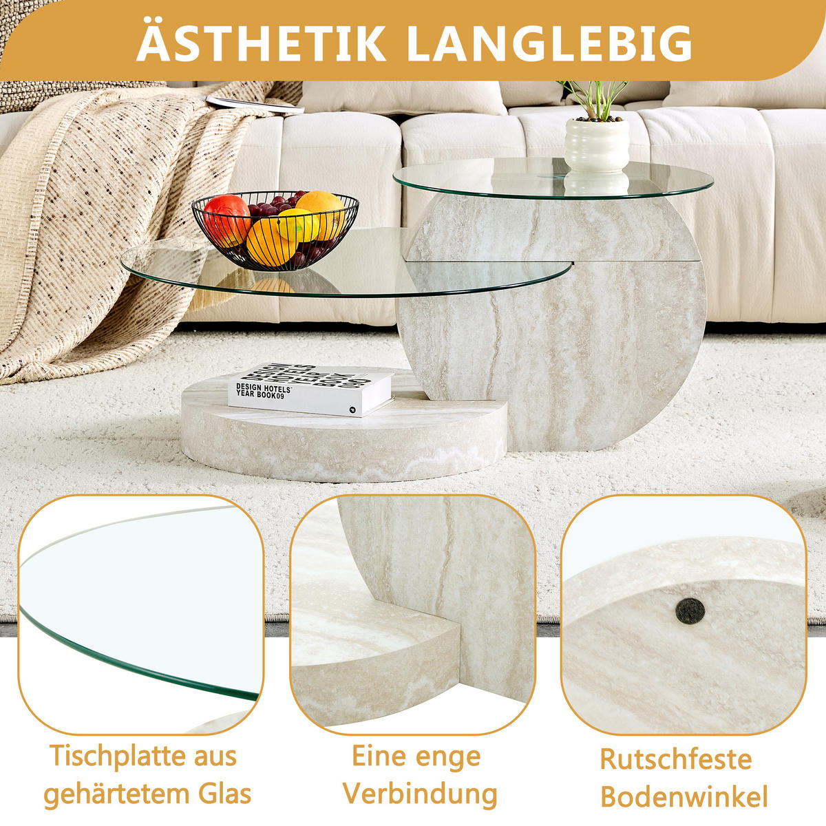 COUCHTISCH DE-158 Sicherheitsglas mit Walnussholz-Maserung - Weiß, Holzwerkstoff (70/90/44cm) - ComfortXL
