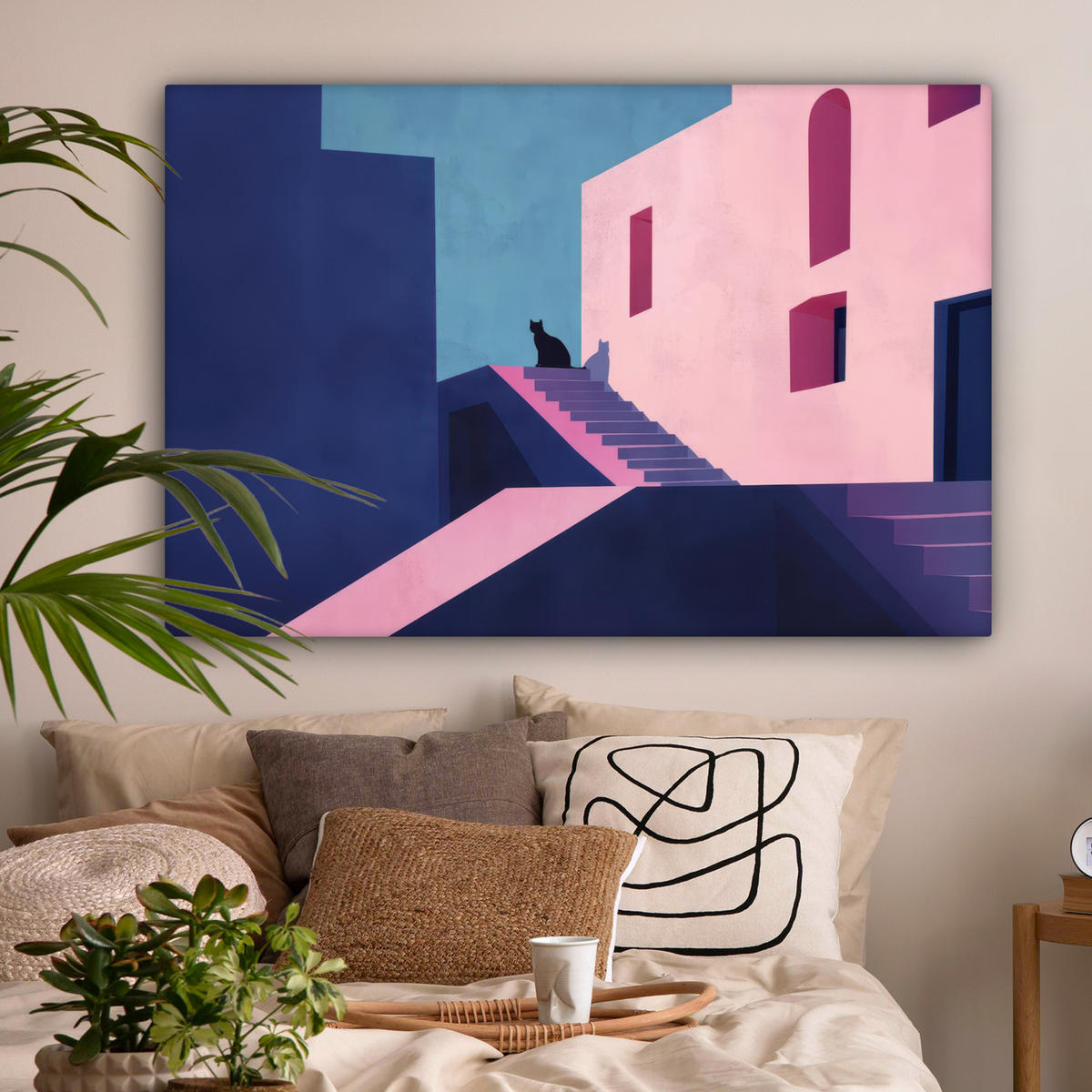 LEINWANDBILD Katze - Treppe - Gebäude - Schattenkontraste Wohnzimmer Groß 120x80 cm - Dunkelblau, Textil (120/80cm) - MuchoWow