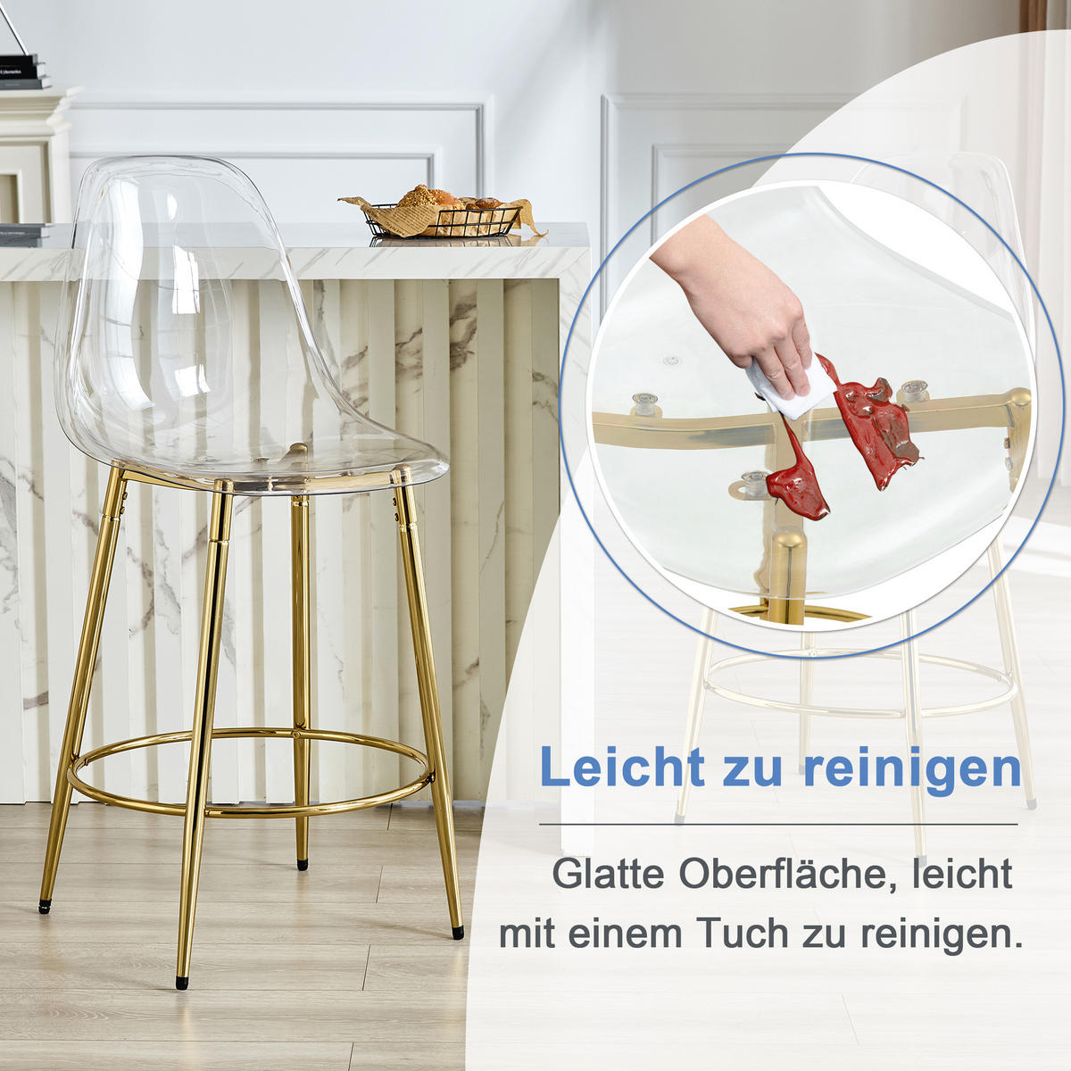 BARHOCKER 2er-Set Transparent und Gold mit Rückenlehne und Fußring - Goldfarben, Metall (48.5/102/48.5cm) - PANGIVO