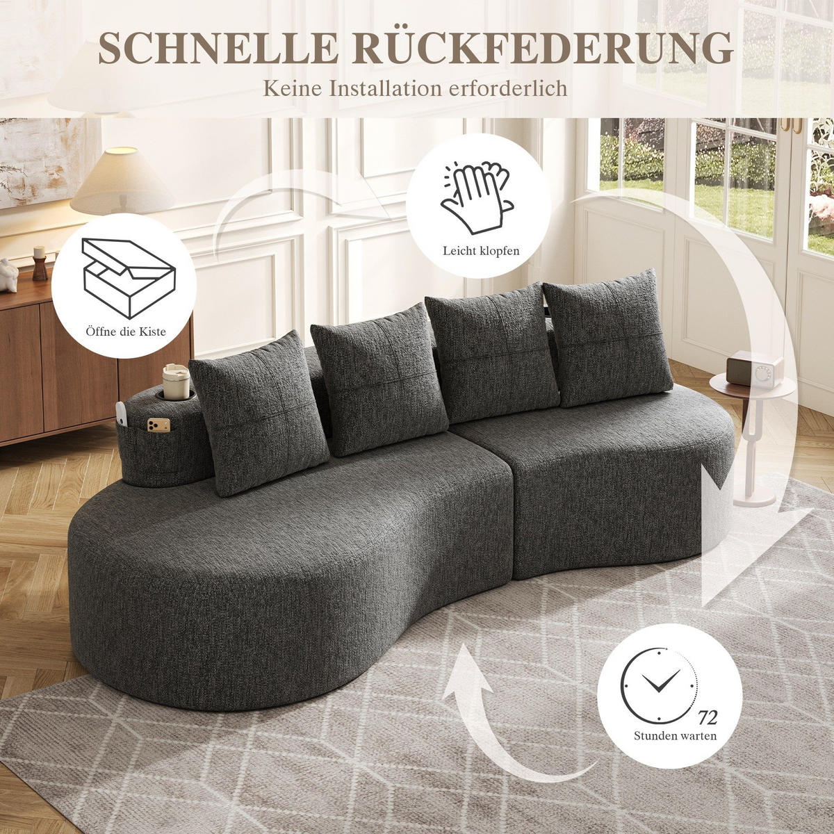 BIGSOFA Loungesofa,3er-Sofa,reich gepolstert,Leinenstoff,Dunkelgrau - Dunkelgrau, Textil (240/63/109cm) - LVHOM