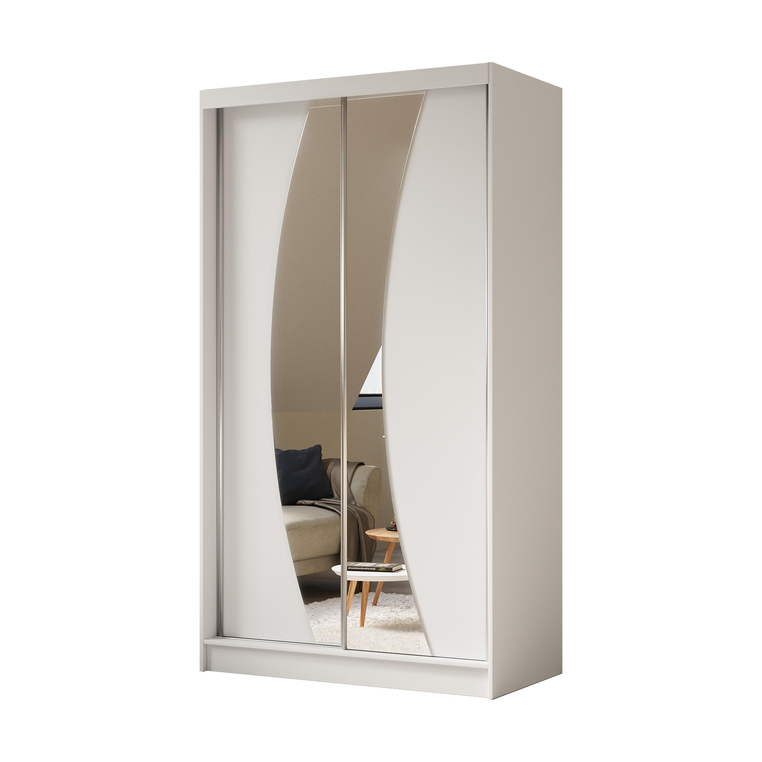ALTDECOR ŠATNÍ SKŘÍŇ s zrcadlovými posuvnými dveřmi a hliníkovými lamelami, LED osvětlení – VOXI – 120 cm bílá