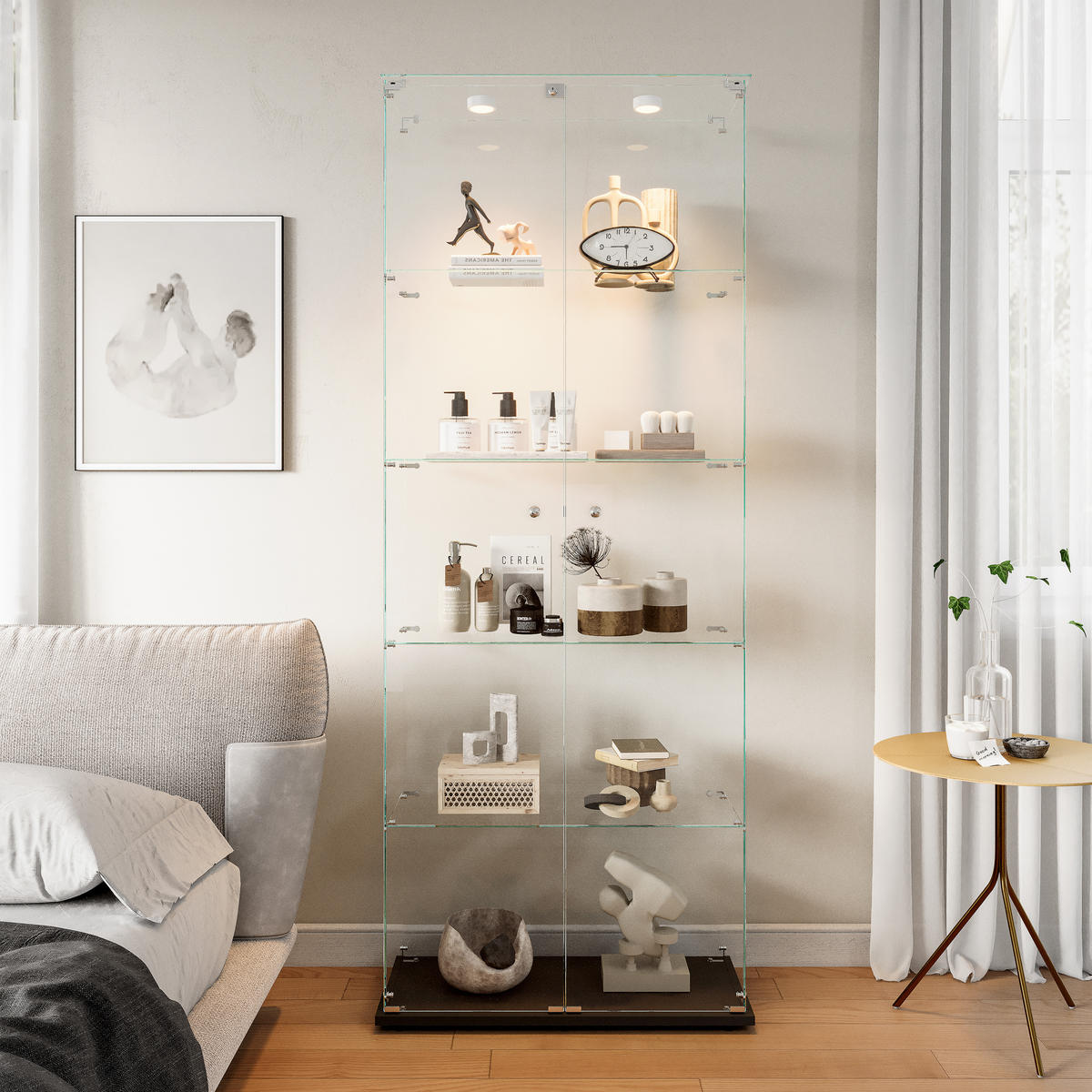 VITRINE 2 Türen, 5 Einlegeböden, LED oder Touch, Glas, modern, mobil, flexibel - Schwarz, Glas (78.51/186.5/34.5cm) - EuroLiving