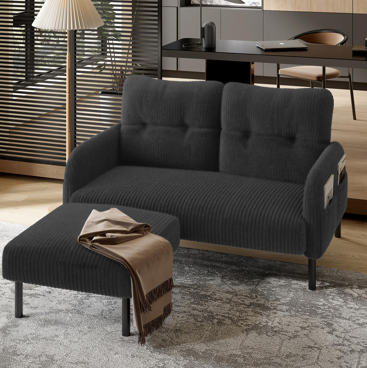 SOFA 2-Sitzer mit Seitentasche 120 x 75 x 79 cm Cord Gray - Grau, Kunststoff (120/79/75cm) - Meubliv