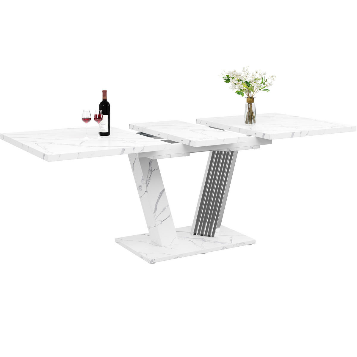 AUSZIEH-ESSTISCH, MDF mit Marmormuster & Metallgestell, 120-160/80/76 cm, Weiß - Weiß, Holzwerkstoff (120/80/76cm) - Redom