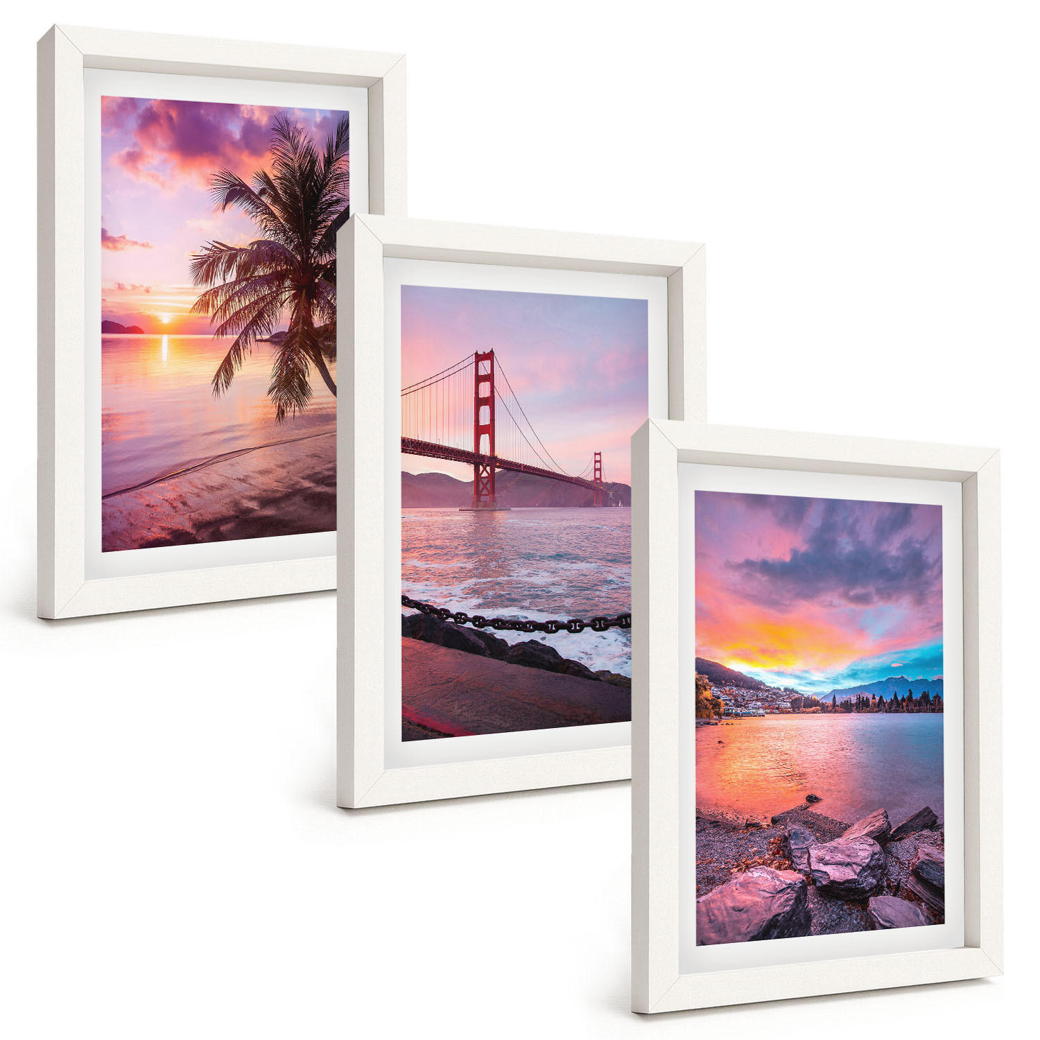 BILDER SET 3er Set - 20x30 cm Weißer Rahmen - Sonnenuntergangsbrücke Landschaft - Weiß, Kunststoff (20/30cm) - TULUP