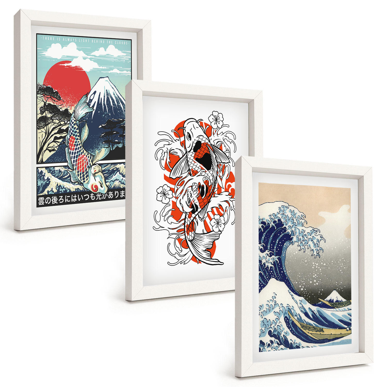 BILDER SET 3er Set - 20x30 cm Weißer Rahmen - Berge von Fischen Große Welle Japan - Weiß, Kunststoff (20/30cm) - TULUP