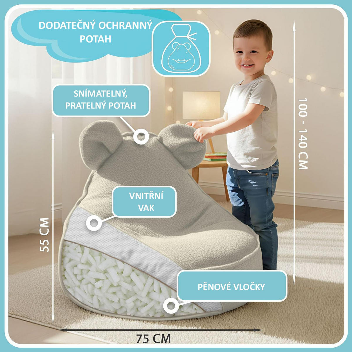 SITZSACK FÜR KINDER Maus 75/75/55 cm, weicher Bouclé 315 g/m², abnehmbarer Bezug, Lamb Cloud - Creme, Textil (75/55/75cm) - Dreamroots