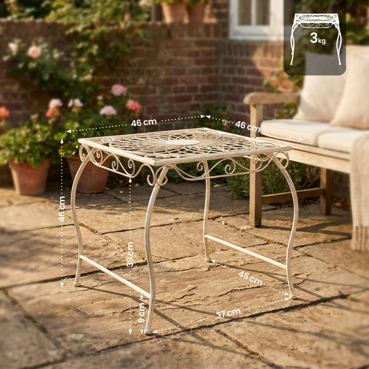 GARTENTISCH eckig 49/45/46 cm Metall Antik-Creme - Creme, Metall (45/49/46cm) - CLP