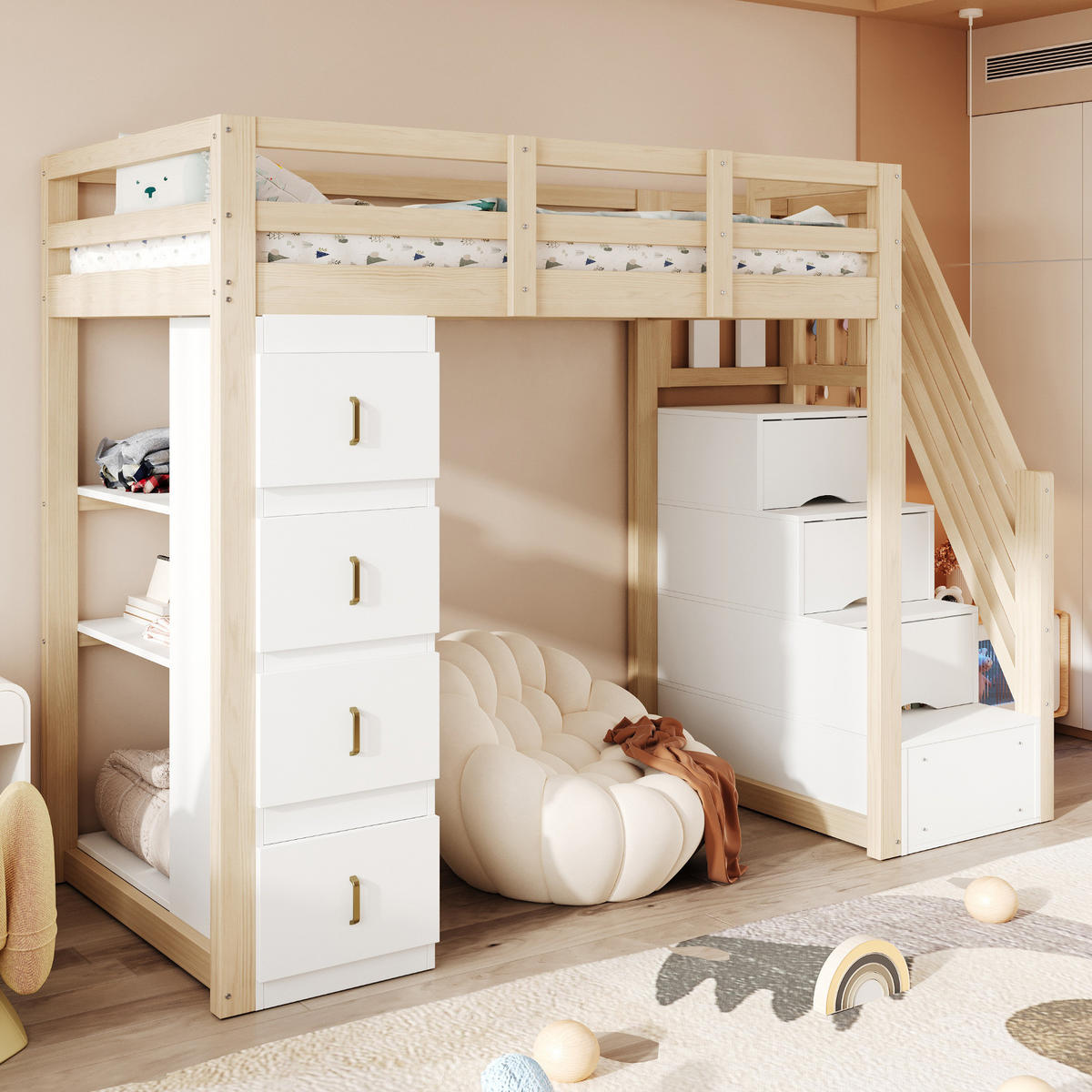 HOCHBETT 90/200 cm mit Stauraumschubladen, Regal und Massivholz - Naturfarben, Holz (90/200cm) - MIVRAY