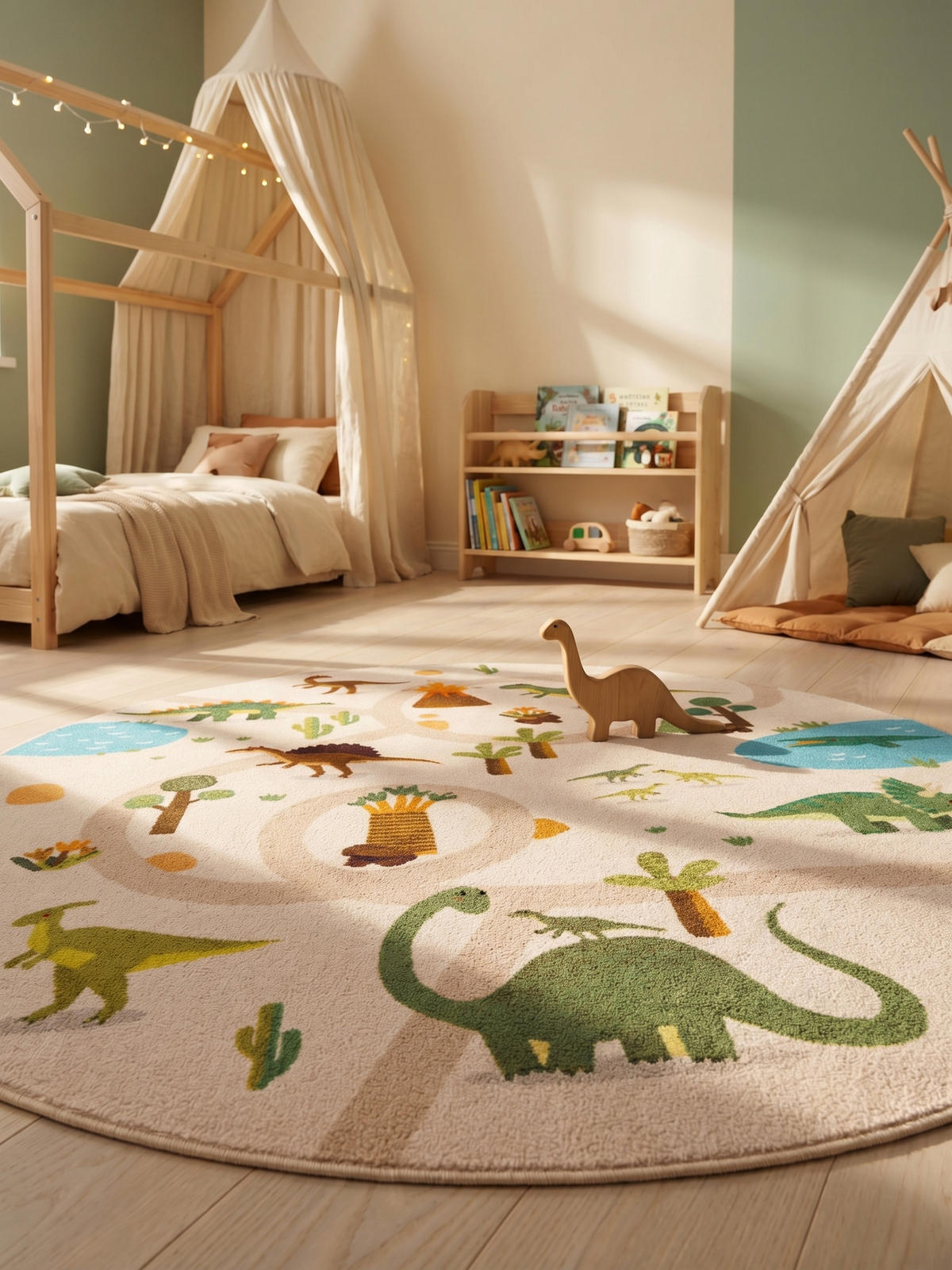 KINDERTEPPICH Kurzflor Dinosaurier-Landschaft Waschbar OEKO-TEX Spielteppich Jungen Mädchen Rund Beige 200x200 – TINO - Beige, Textil (200/200cm) - KADIMA DESIGN