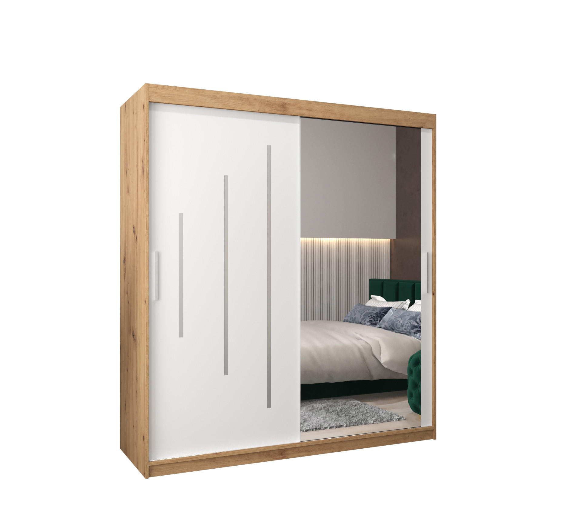 Abiks Möbel Schwebetürenschrank Eiche Artisan, Weiß 180x200x62 cm