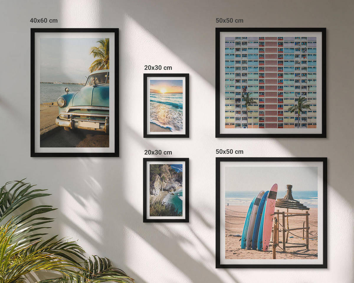 BILDER SET 5er Set - 50x50 cm & 20x30 cm & 40x60 cm Schwarzer Rahmen - Sonnenuntergang in Miami - Schwarz, Kunststoff (40/60cm) - TULUP