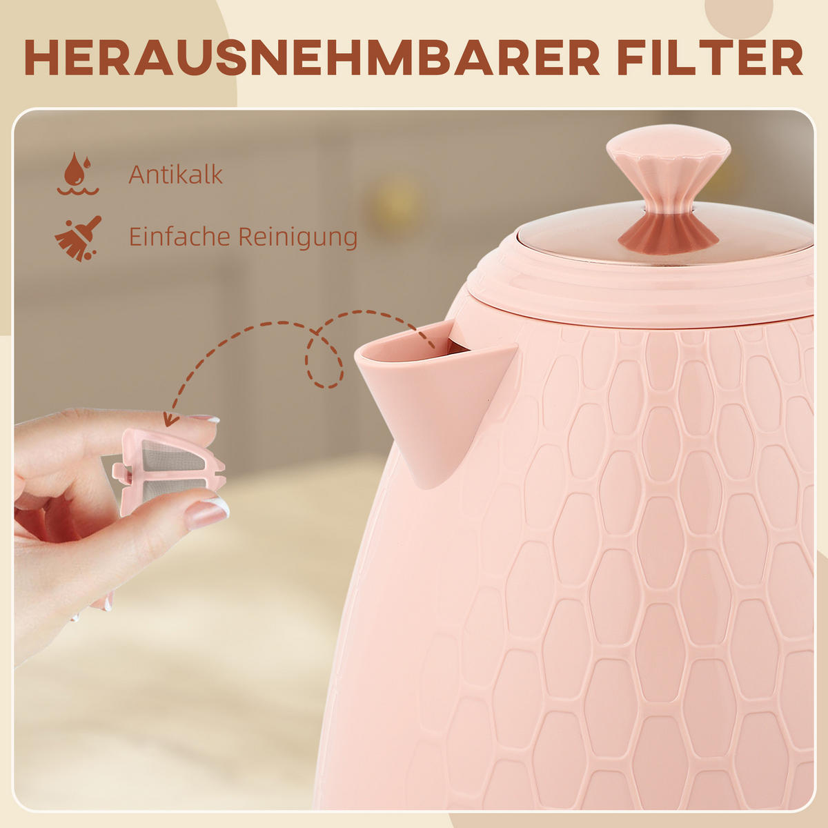 WASSERKOCHER DE-07948 1,7 L, 2,2 kW, kabellos Hellrosa - Pink, Kunststoff (19.5/23.4/24.2cm) - ComfortXL
