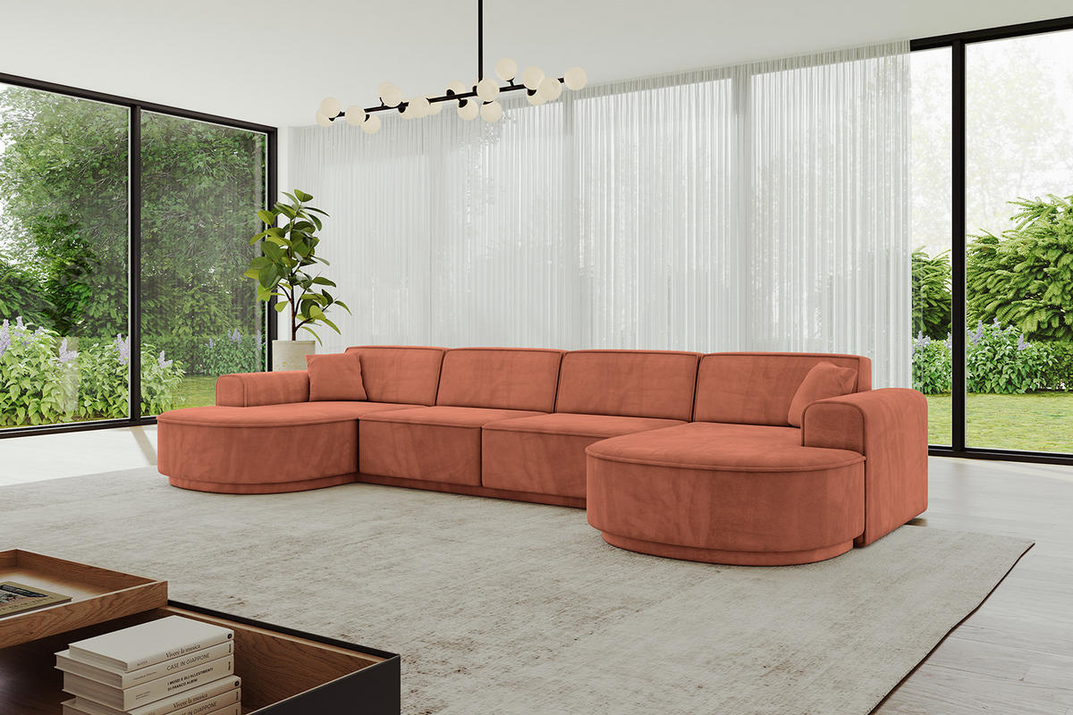 WOHNLANDSCHAFT MARI-U2-v3 - 388x171x83 cm Koralle Velours - Koralle/Schwarz, Holzwerkstoff/Kunststoff (388/83/171cm) - ALTDECOR