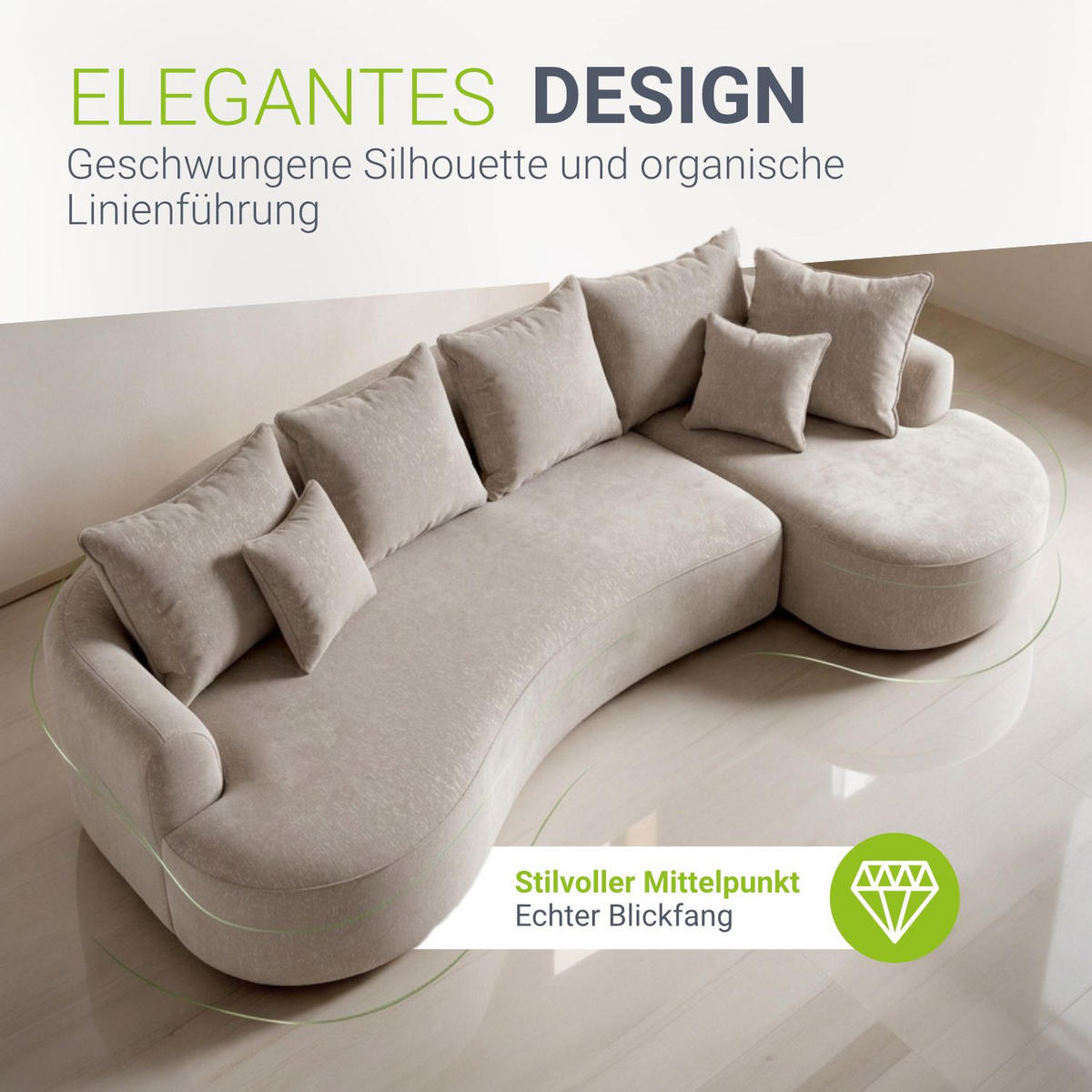SOFA Tirano Samt Beige mit Ottomane rechts - Beige, Textil (300/102cm) - Juskys